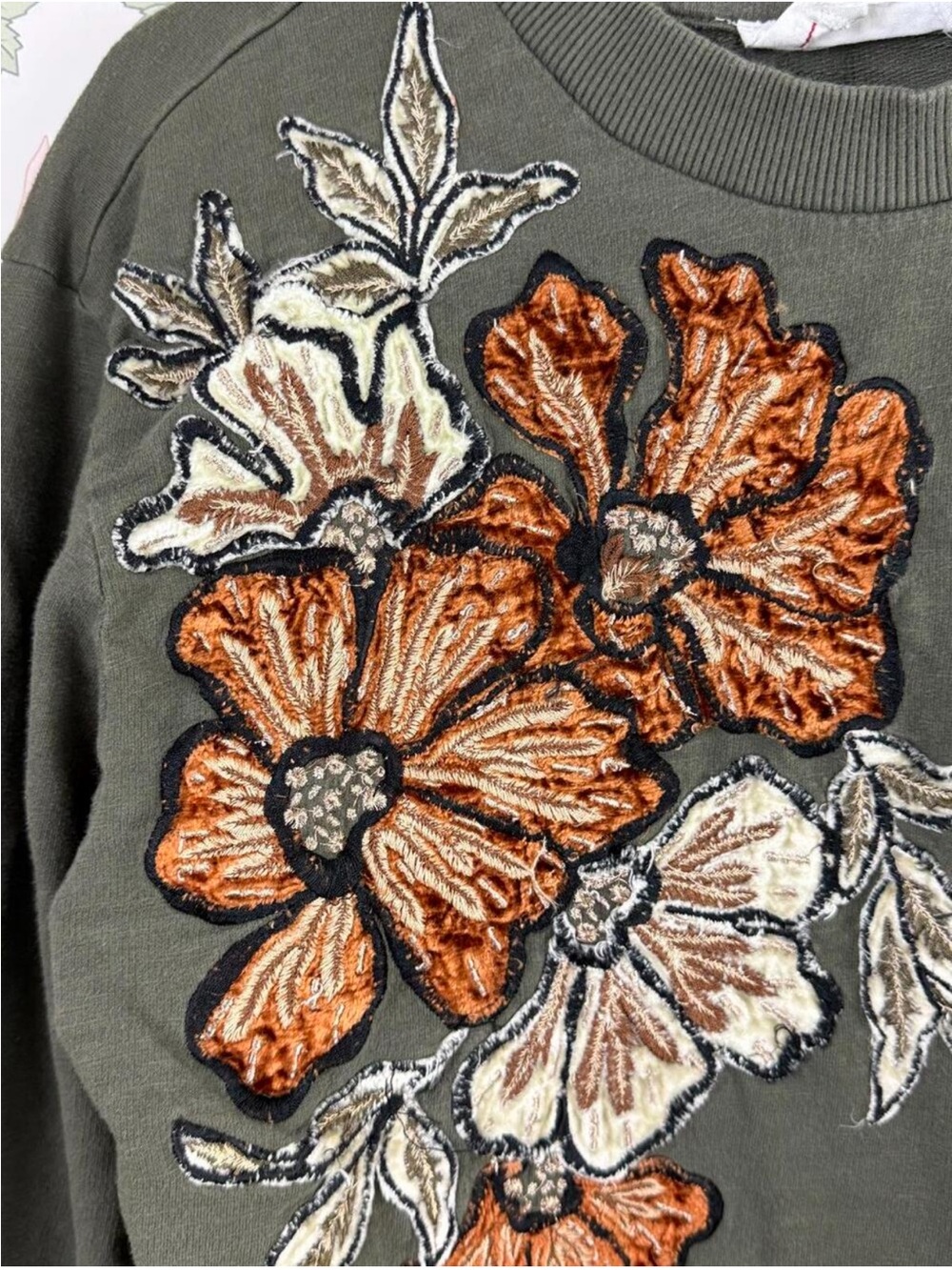 Anthropologie Floral Appliqué Sweatshirt Size S Green Floral - Picture 5 of 6